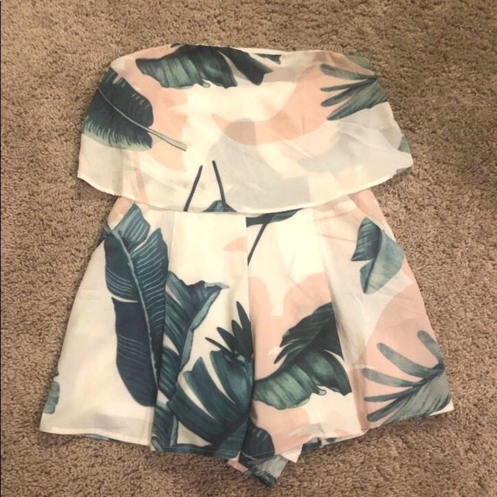 Palm print strapless romper